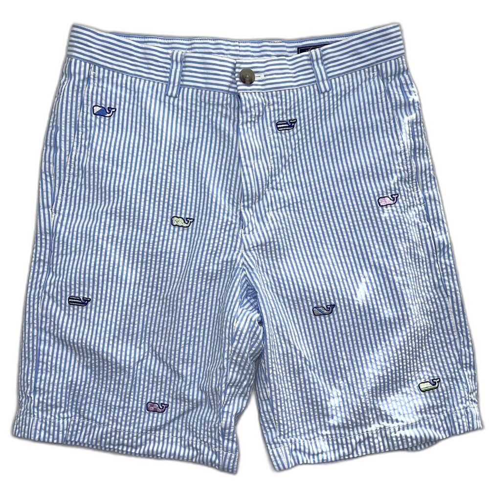 VINEYARD VINES Blue + White Striped Whale Embroidered Derby Breaker Shorts 30